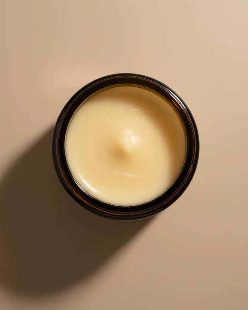 Jar of balm on a beige background