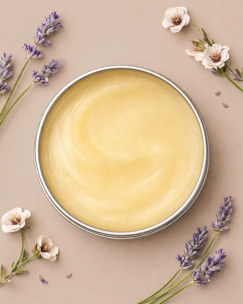 Balm in a metal container with lavender flowers on a beige background