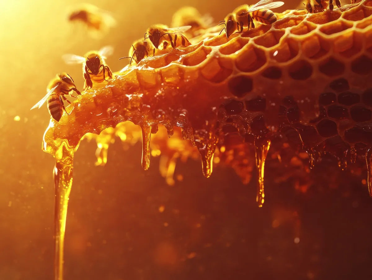 Bees on a honeycomb with honey dripping, warm tones