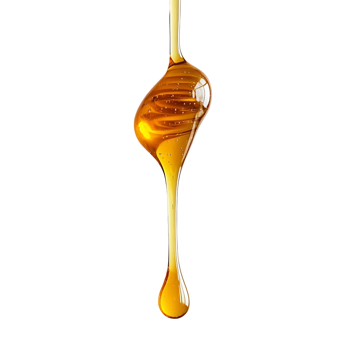 Honey dripping from a honey dipper on a white background